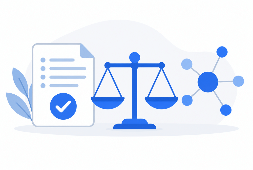 Document with a tick, balanced scale and connected nodes